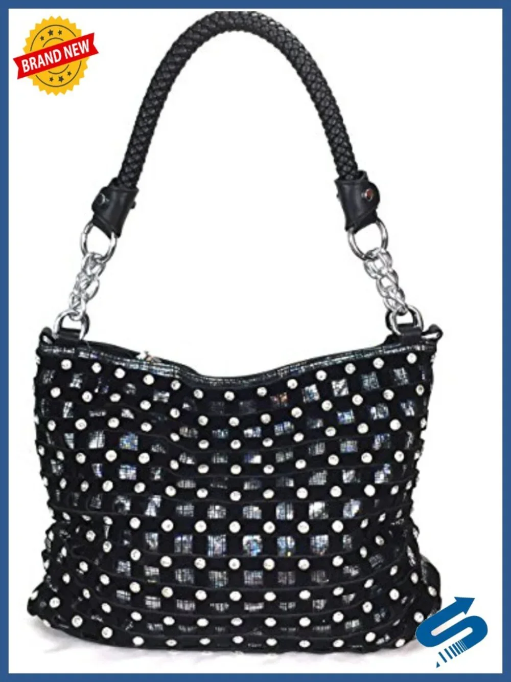 Rhinestone Bling Suede Hobo Handbag with Braided Handle